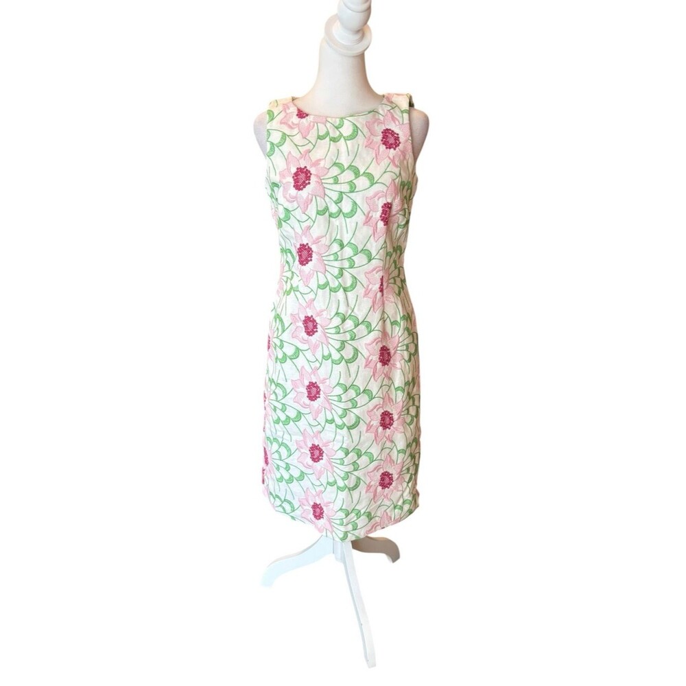 Talbots Embroidered Floral Sheath Dress Linen Blend Pink Green Womens Size 2